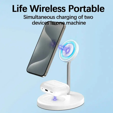 a phone and a phone stand with a blue light