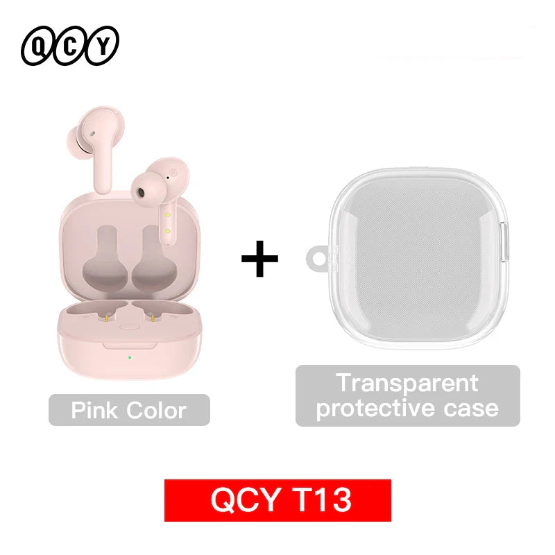Pink earbuds with transparent protective case.
