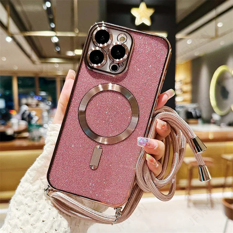 Pink glittery phone case with crossbody strap.