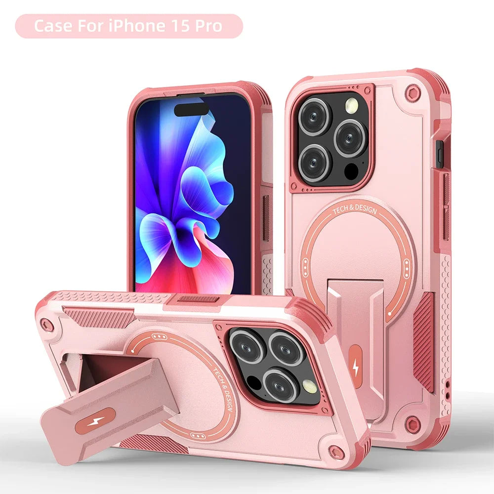 Pink iPhone 15 Pro case with kickstand.
