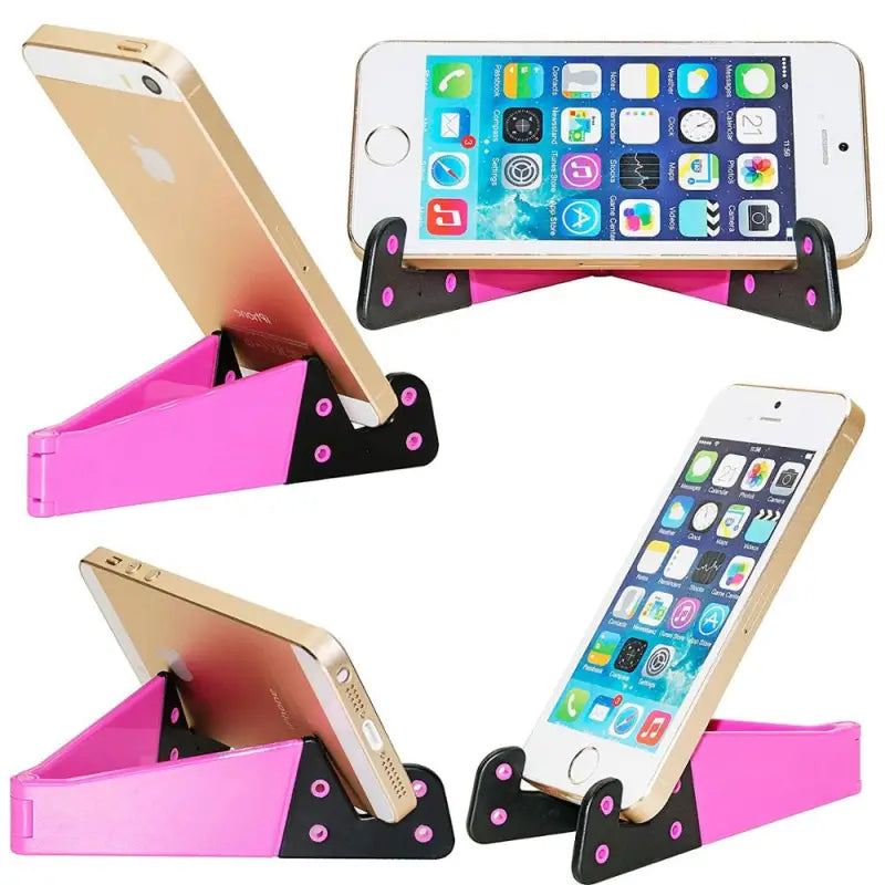 a pink phone stand with three different angles