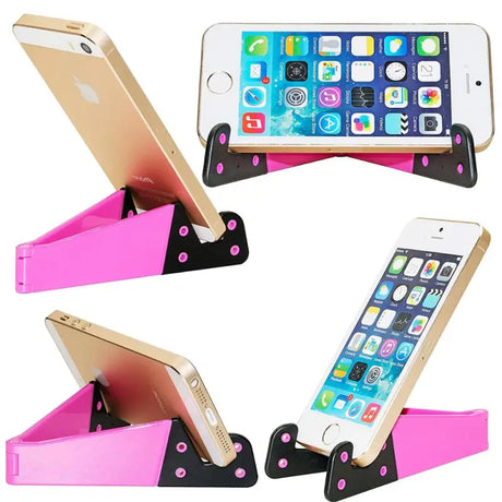 a pink phone stand with three different angles
