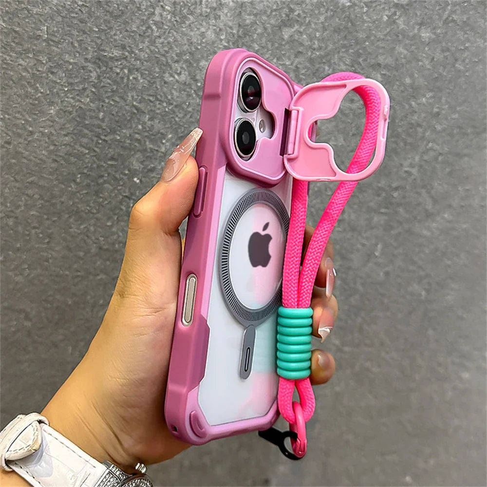 Pink iPhone case with lanyard.