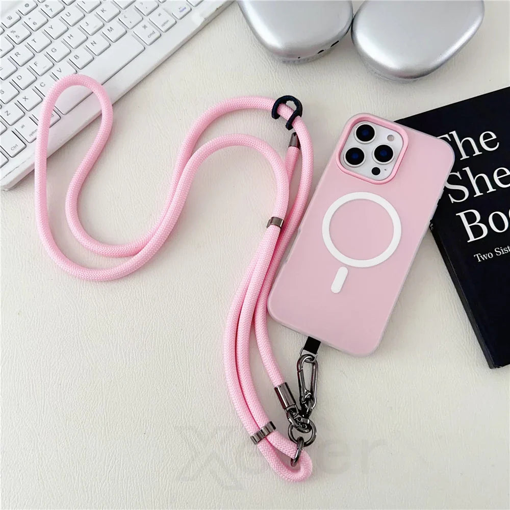 Pink iPhone case with lanyard.