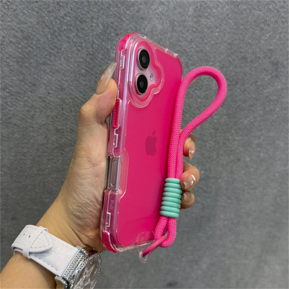 Pink iPhone in clear case with matching lanyard.