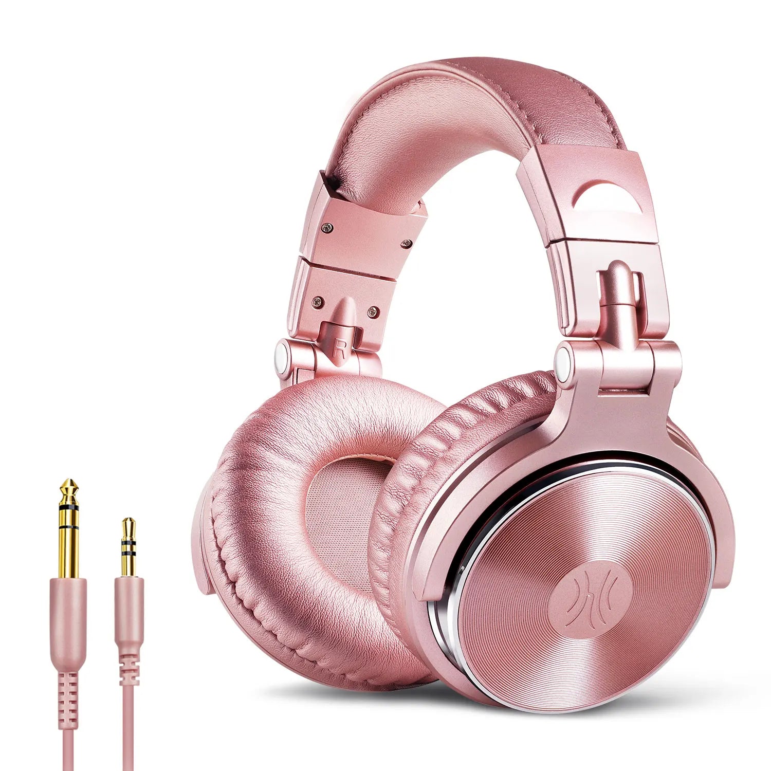 Pink over-ear headphones with a detachable audio cable.