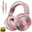 Pink over-ear headphones with a detachable audio cable.