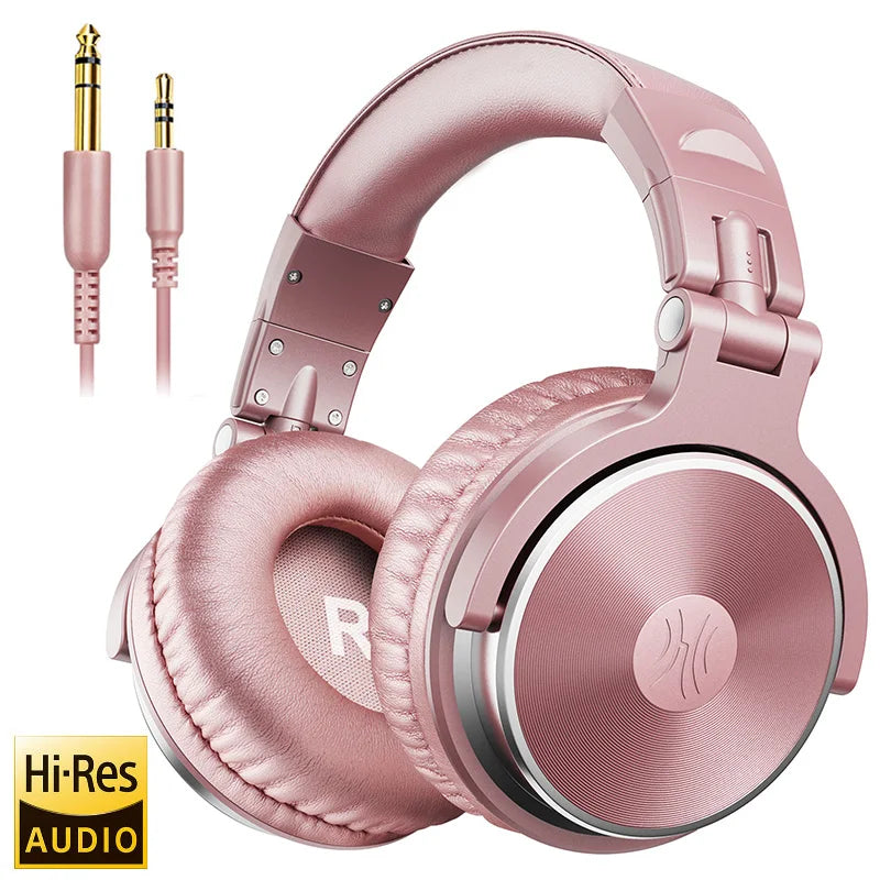 Pink over-ear headphones with a detachable audio cable.