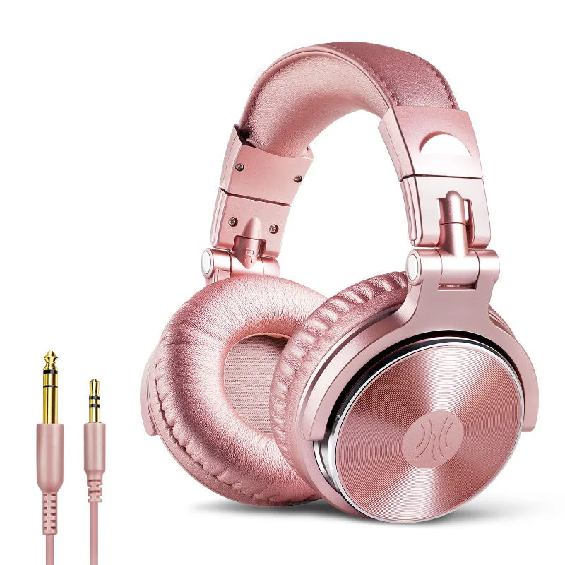 Pink over-ear headphones with a metallic finish and detachable audio cable.