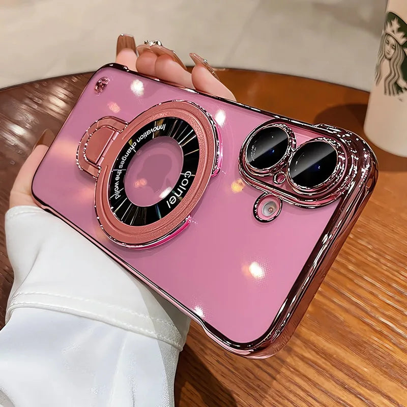 Pink phone case with camera-shaped design.