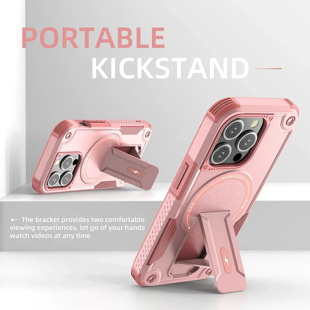 Pink phone case with kickstand.