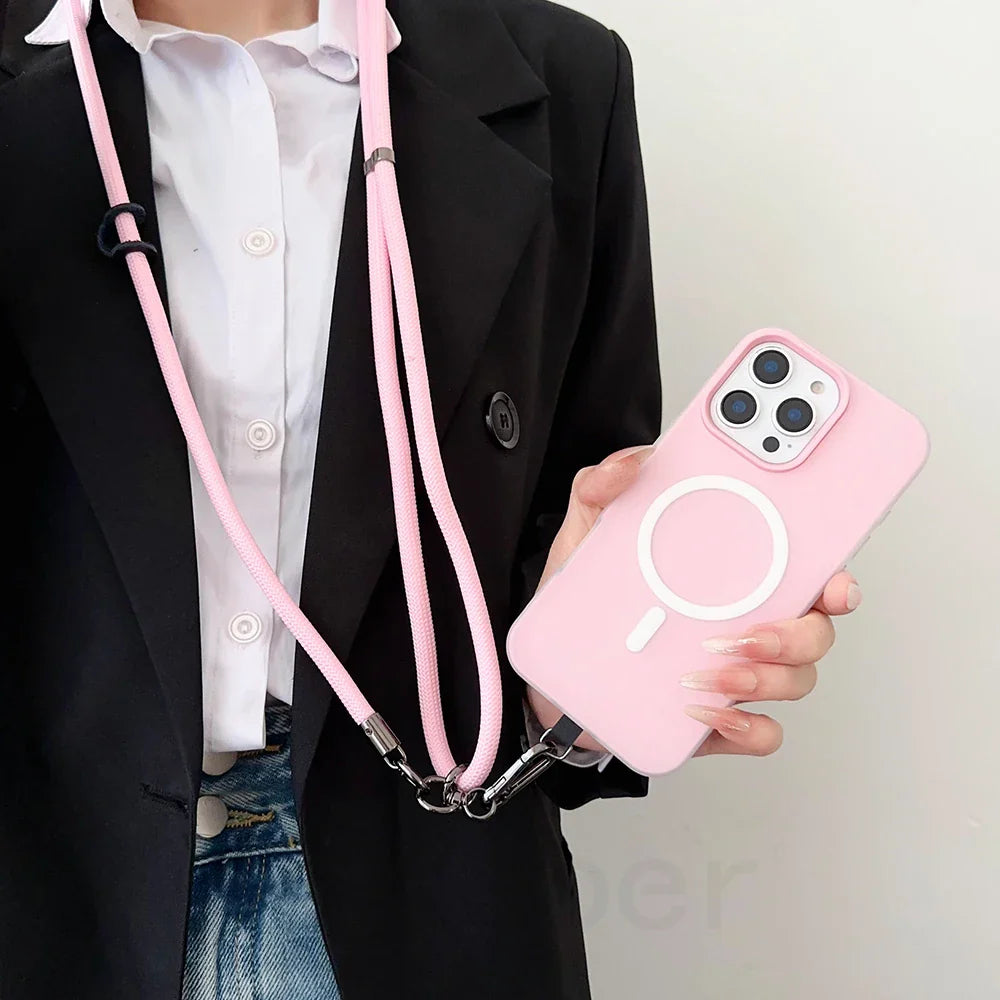 Pink phone case with lanyard.