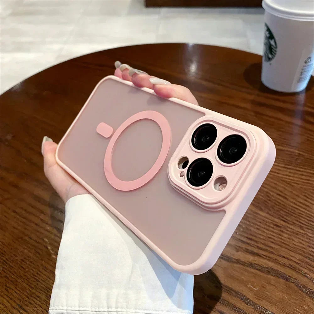 Pink phone case with MagSafe ring.