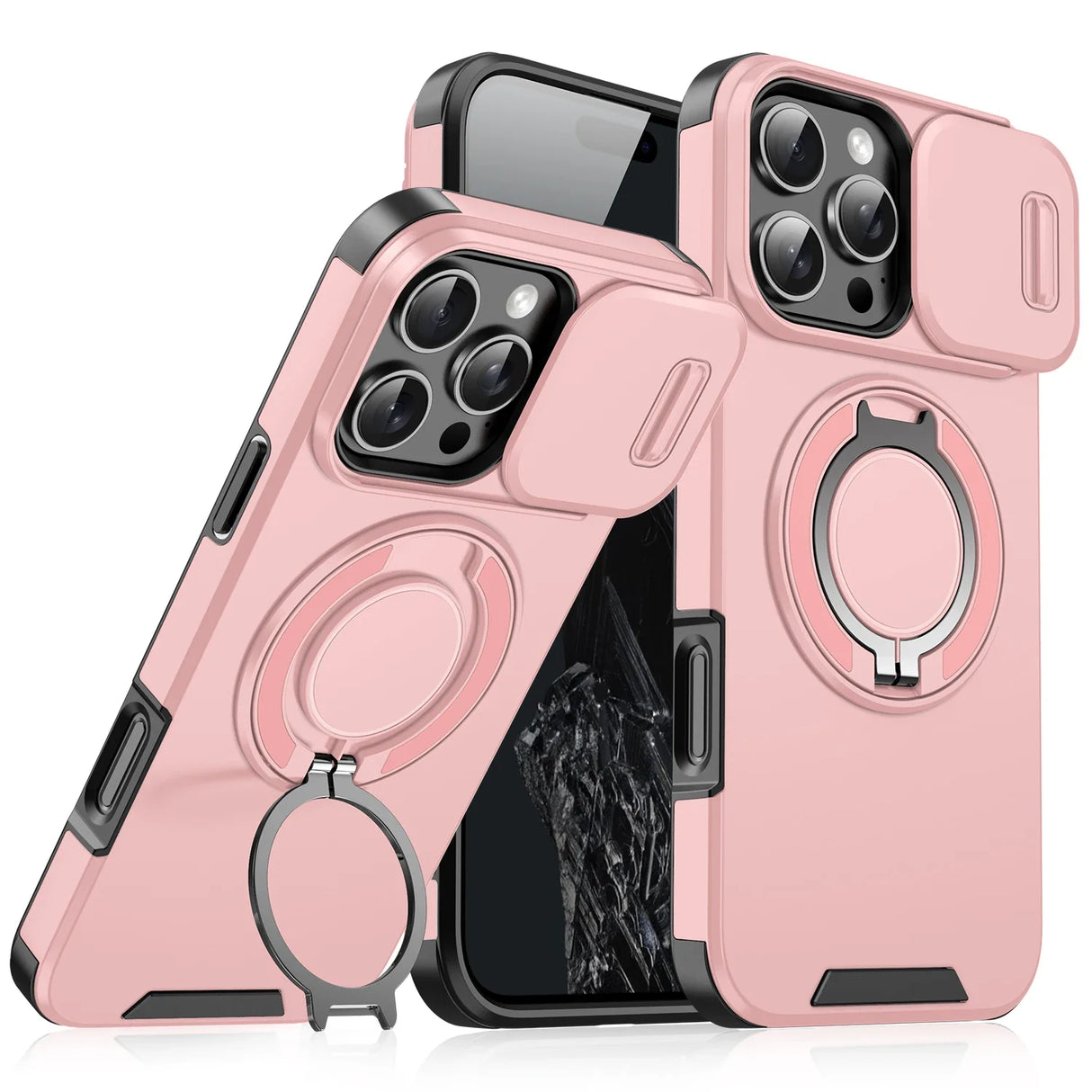 Pink phone cases with camera covers and ring stands.