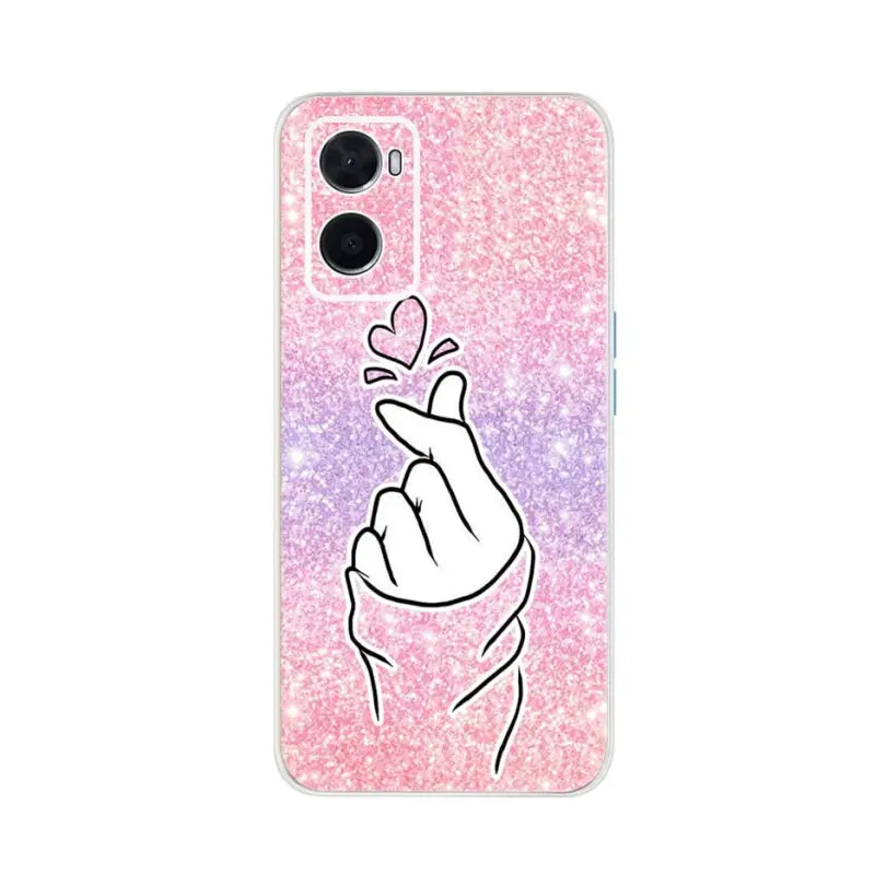 a pink and purple glitter phone case with a hand holding a heart