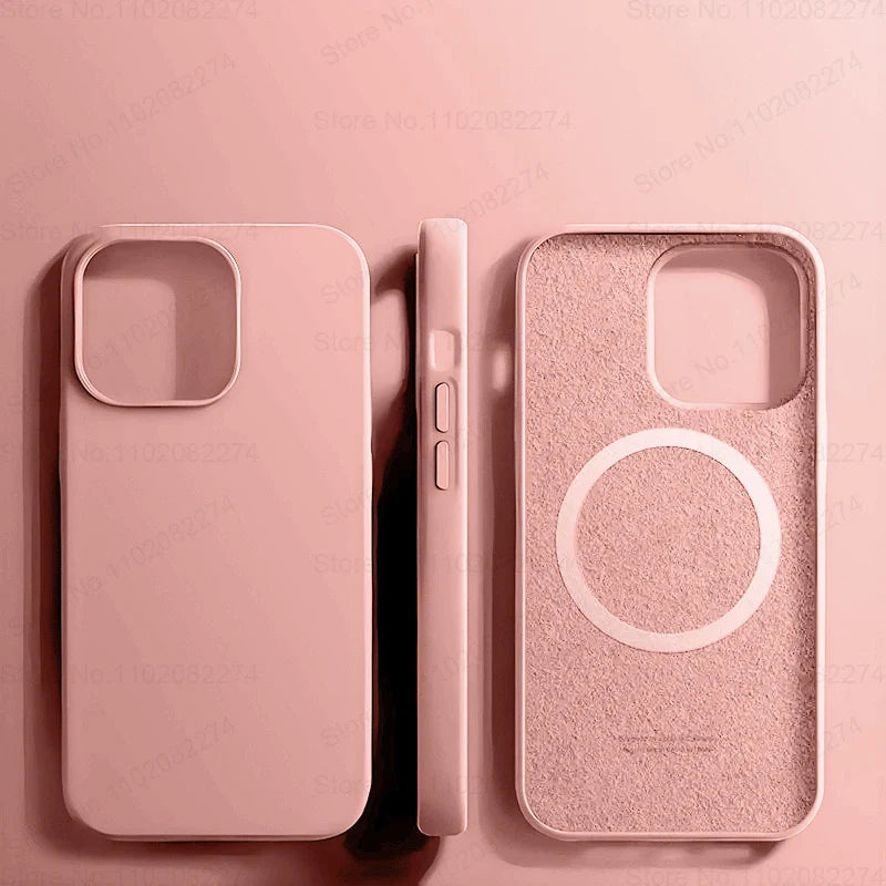 Pink silicone iPhone case with MagSafe.