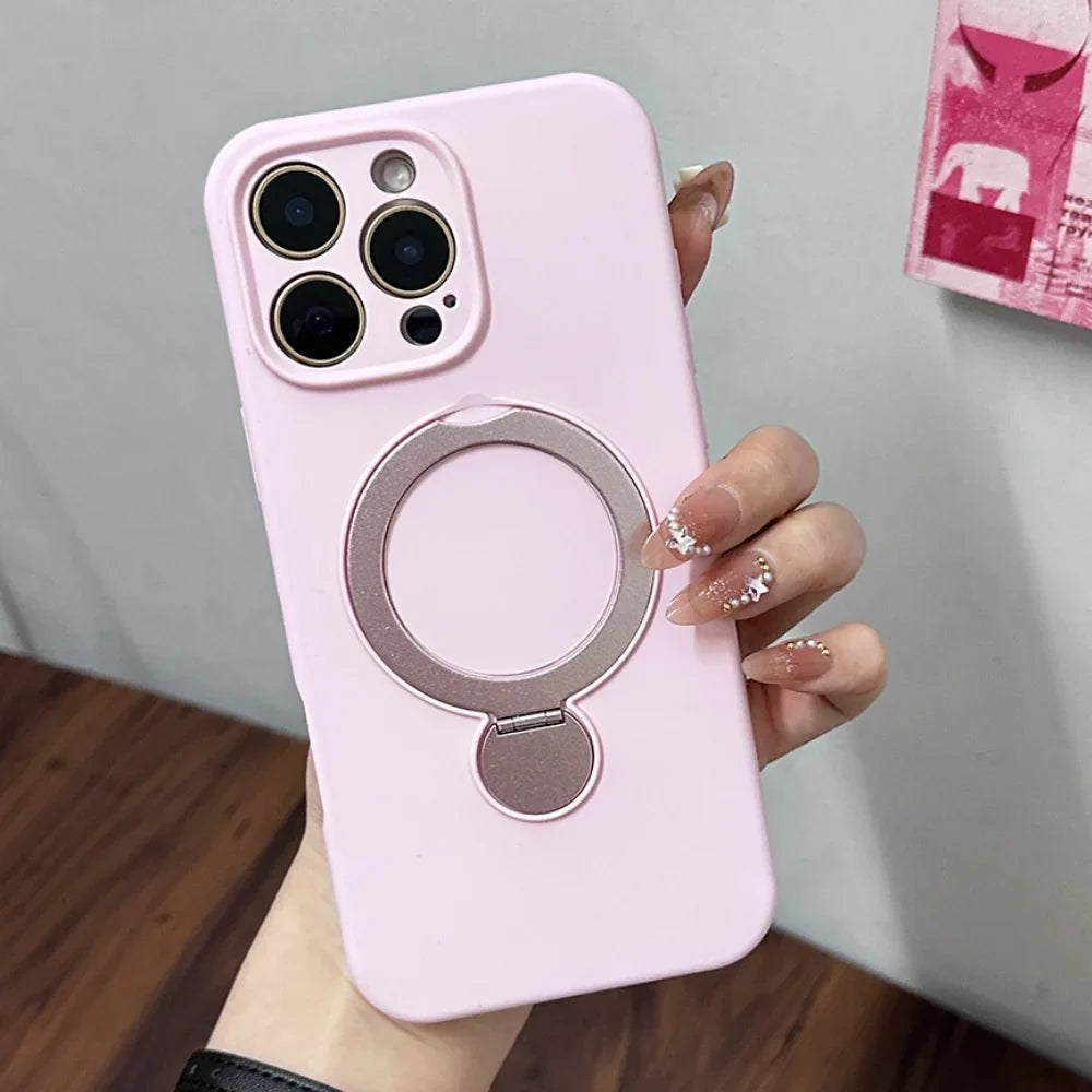 Pink silicone phone case with a built-in magnetic ring holder and stand.
