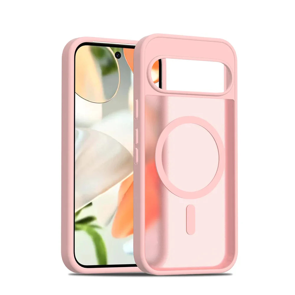 Pink silicone phone case with a transparent back and magnetic charging ring.