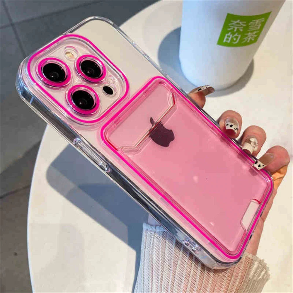 Pink-trimmed clear iPhone case with card holder.