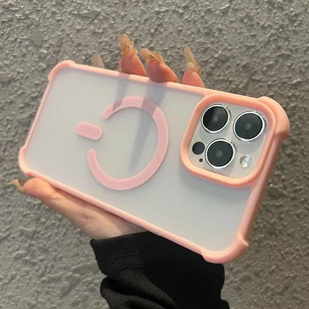 Pink-trimmed clear phone case with magnetic ring.