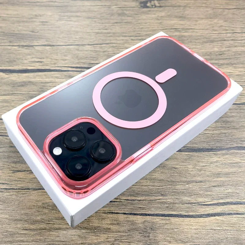 Pink-trimmed clear phone case with MagSafe ring.