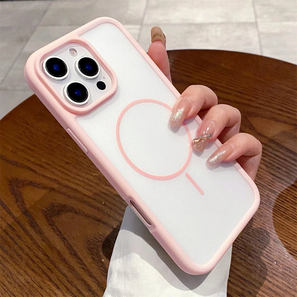 Pink-trimmed clear phone case with magnetic ring.