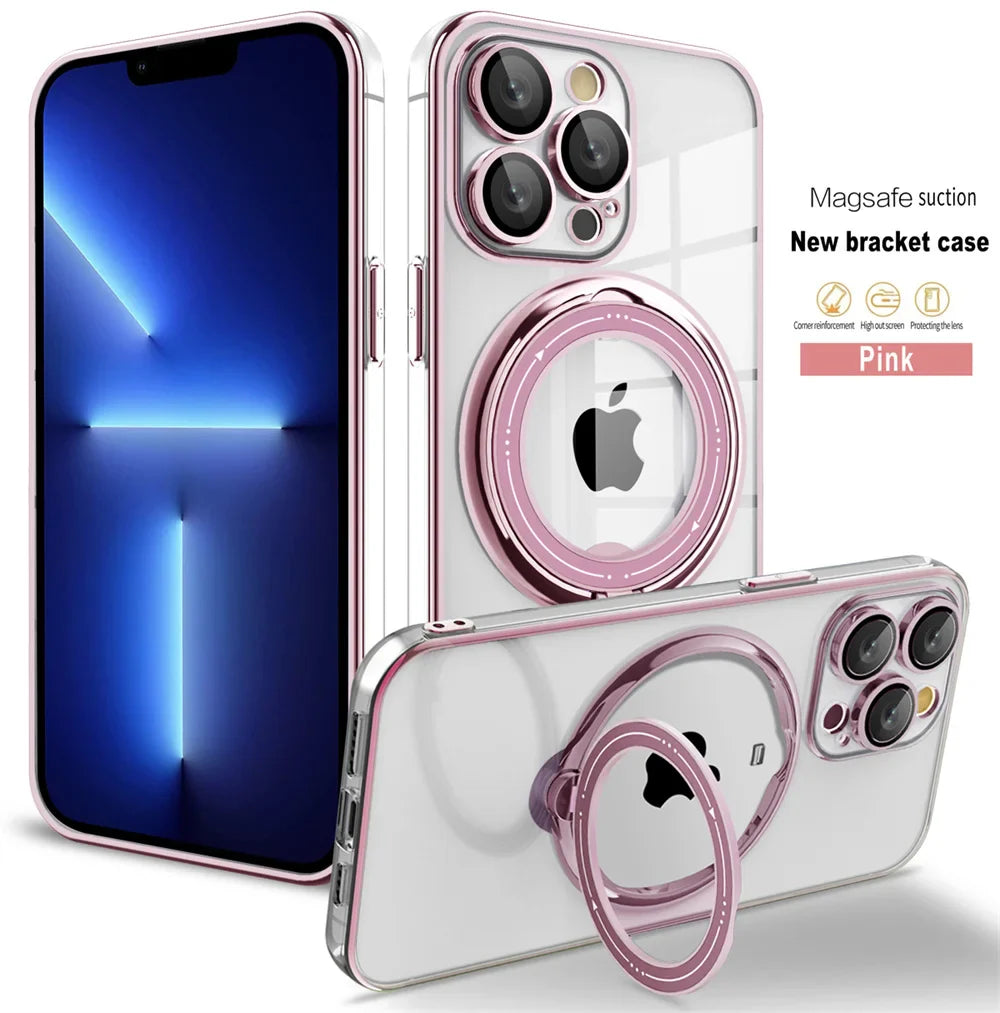 Pink-trimmed iPhone cases with magnetic ring stands.