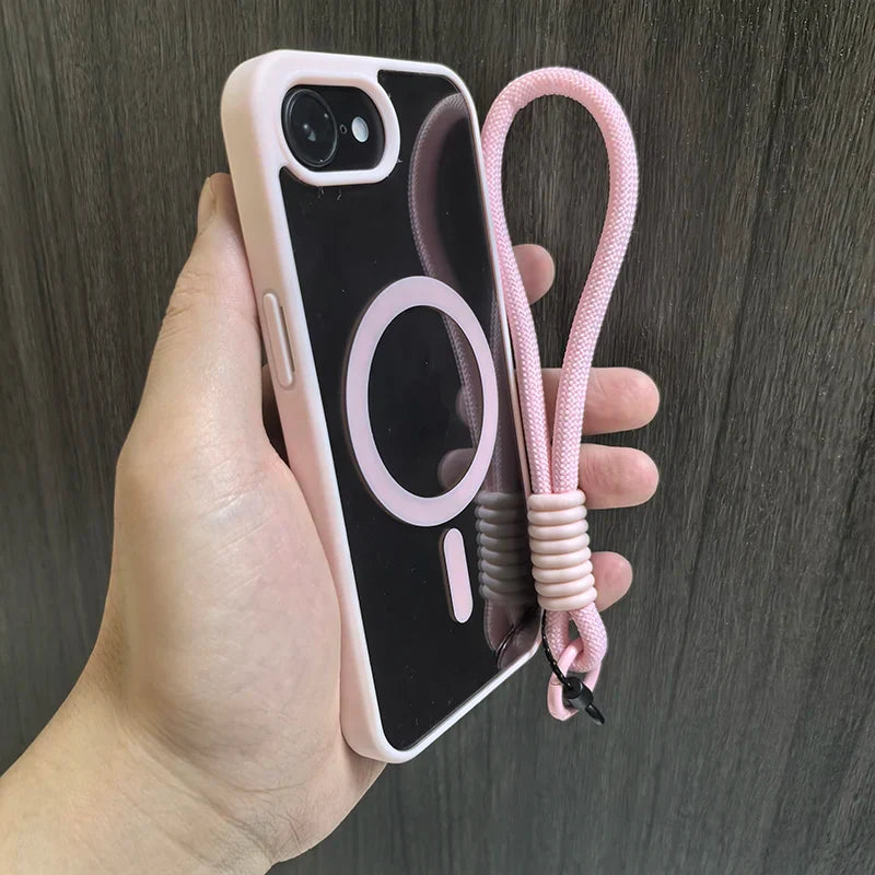 Pink-trimmed phone case with wrist strap.