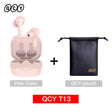Pink wireless earbuds with charging case and black pouch.