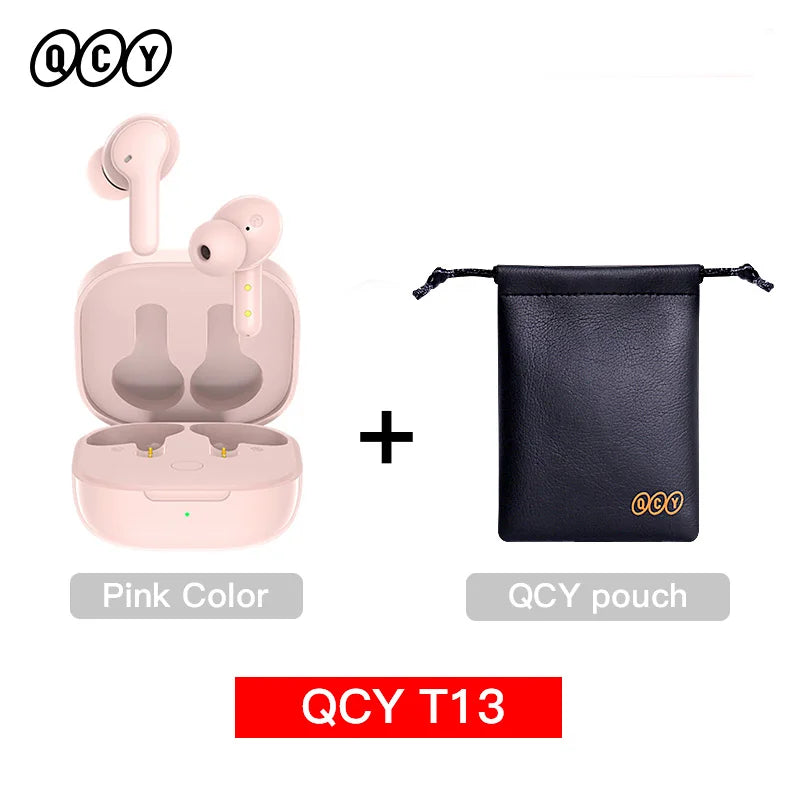 Pink wireless earbuds with charging case and black pouch.