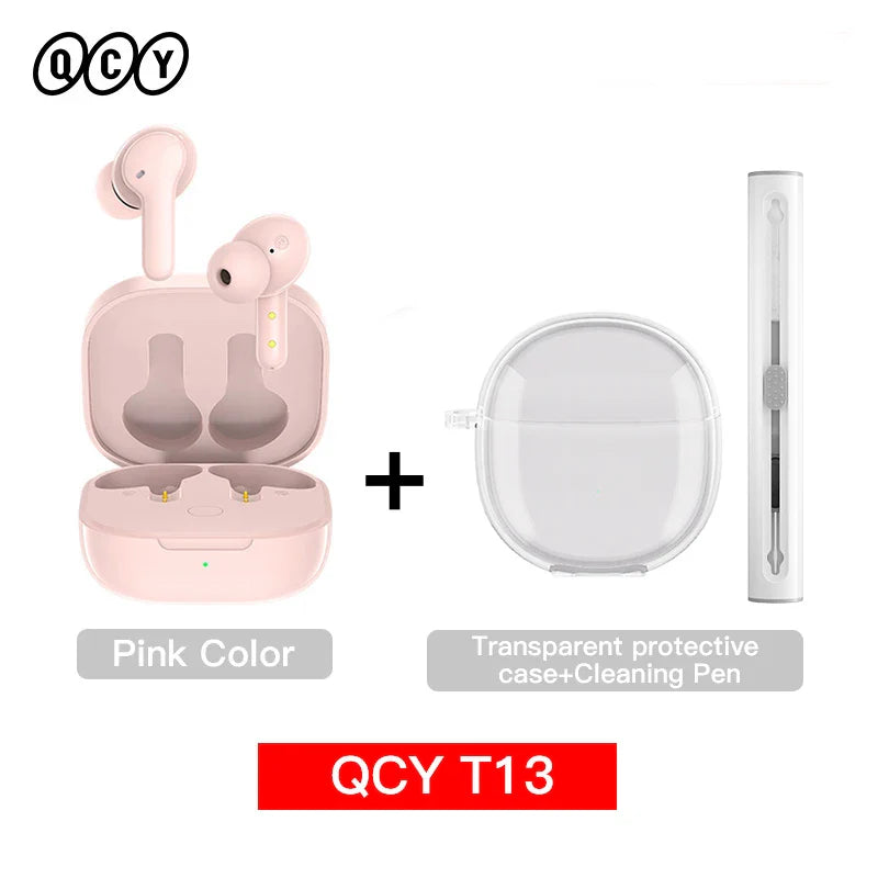 Pink wireless earbuds with charging case, transparent protective case, and cleaning pen.