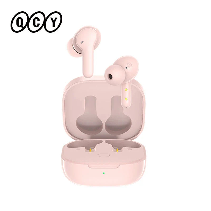 Pink wireless earbuds and charging case.