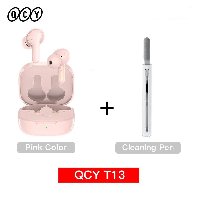Pink wireless earbuds with cleaning pen.