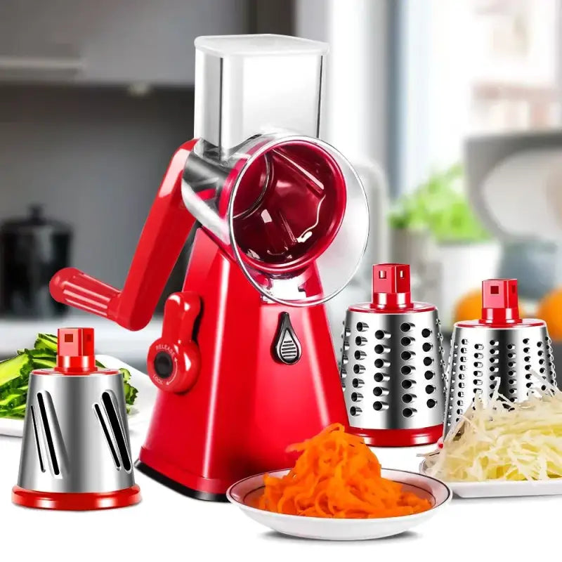 a red kitchen mixer with various vegetables and a bowl