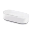 a close up of a white rectangular dish on a white surface