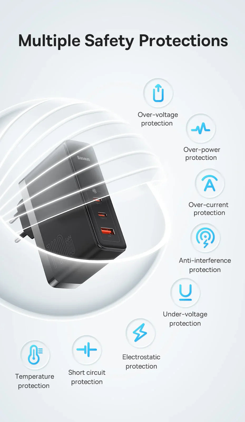 Power adapter or charger with multiple USB ports and safety protection features.