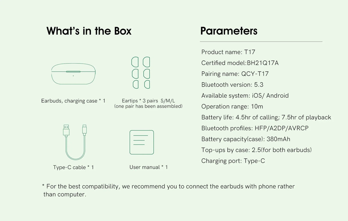Product information for T17 earbuds.