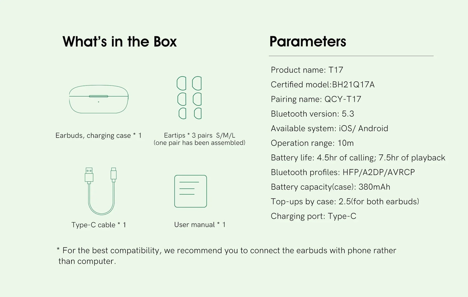 Product information for T17 earbuds.