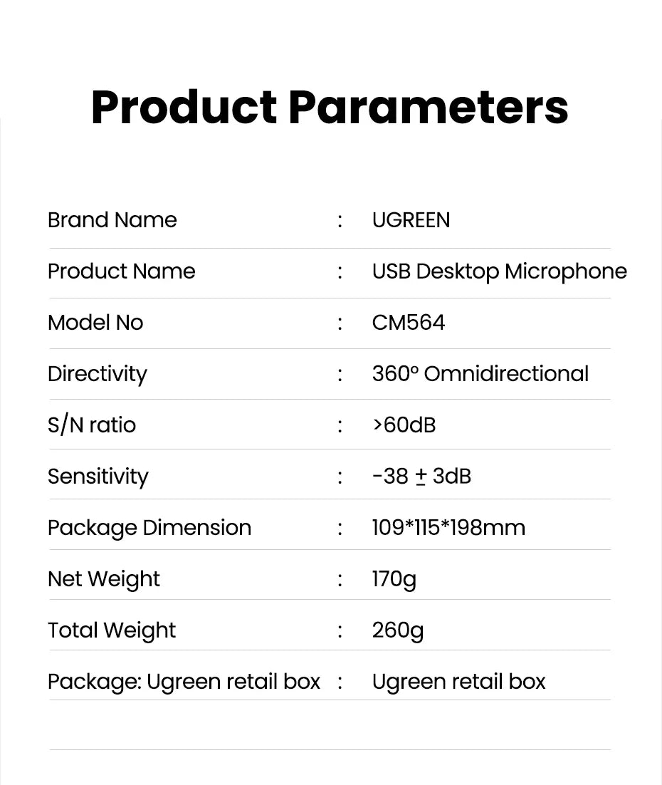 Product parameters for a UGREEN USB desktop microphone.