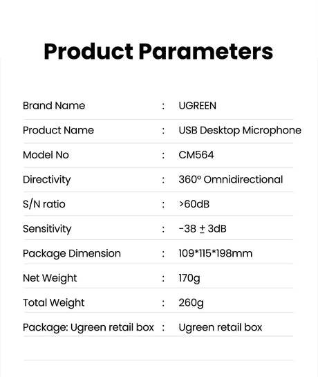 Product parameters for a UGREEN USB desktop microphone.