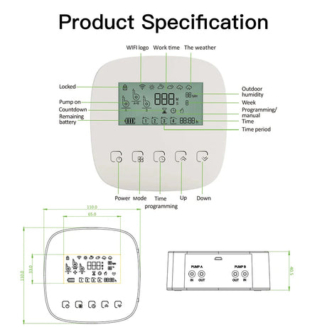 Product specification diagram of a controller.