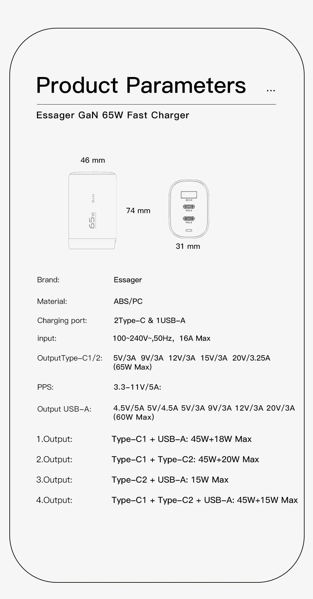 Product specification sheet for an Essager GaN 65W Fast Charger, detailing its dimensions, materials, ports, and electrical output parameters.