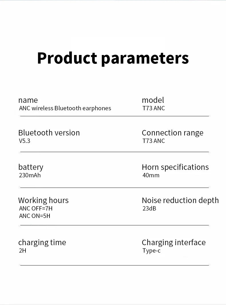Product specification sheet listing parameters for ANC wireless Bluetooth earphones.