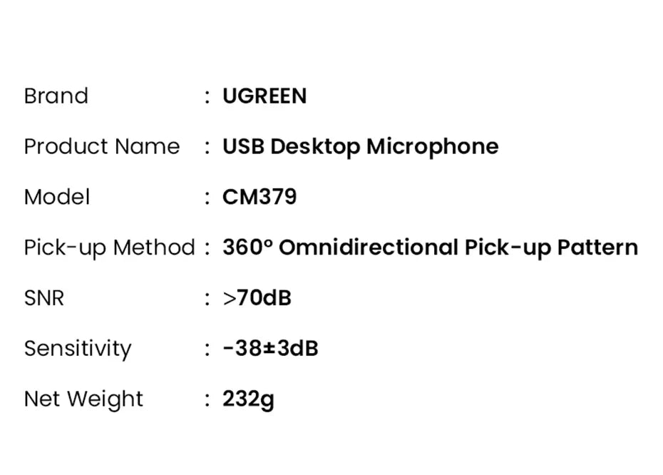 Product specification sheet for a UGREEN USB Desktop Microphone.