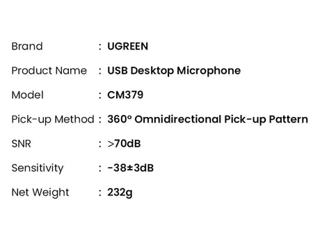 Product specification sheet for a UGREEN USB Desktop Microphone.