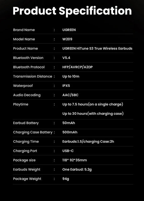 Product specifications for UGREEN HITune S3 True Wireless Earbuds.