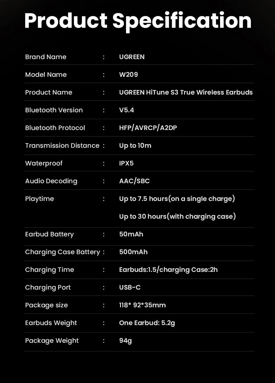 Product specifications for UGREEN HITune S3 True Wireless Earbuds.