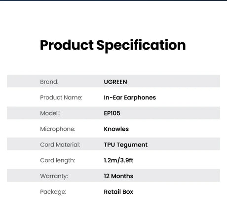 Product specifications for UGREEN in-ear earphones.