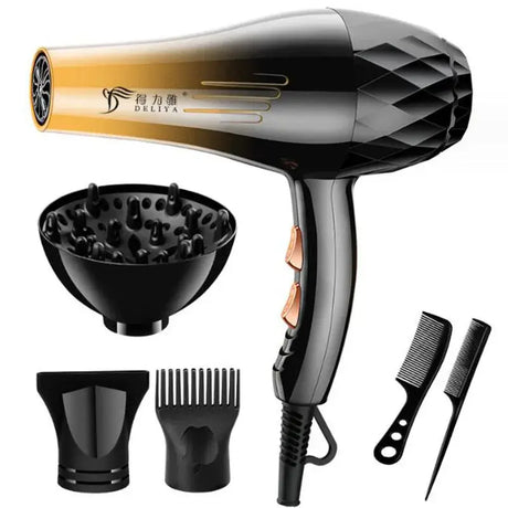 a black and gold hair dryer with a comb