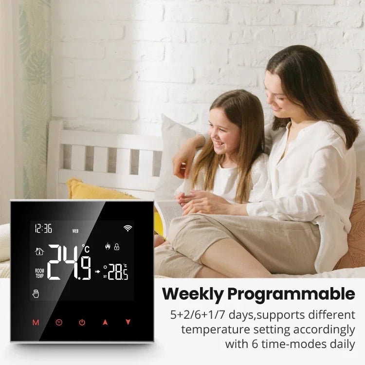 Programmable thermostat with digital display.